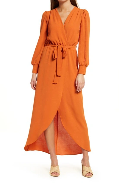 Fraiche By J Wrap Front Long Sleeve Dress In Tangerine