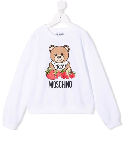 Moschino Kids' Strawberry Bear Logo Stretch Cotton Sweatshirt In White