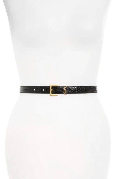 Saint Laurent Monogram Skinny Patent Leather Belt In 1000 Noir/bronze