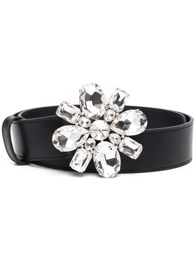 Alessandra Rich Leather Belt W/ Crystal Flower Buckle In Black