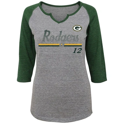 Outerstuff Juniors Aaron Rodgers Heathered Grey/green Green Bay Packers Over The Line Player Name & Number Tri- In Heather Grey