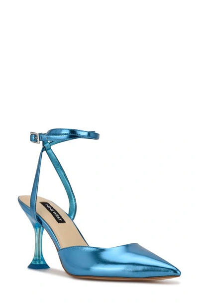 Nine West Harlowe Ankle Strap Pump In Metallic Blue Patent
