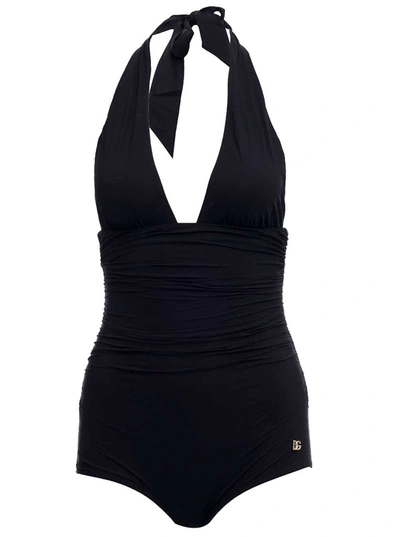 Dolce & Gabbana Logo-plaque Halterneck Swimsuit In Black