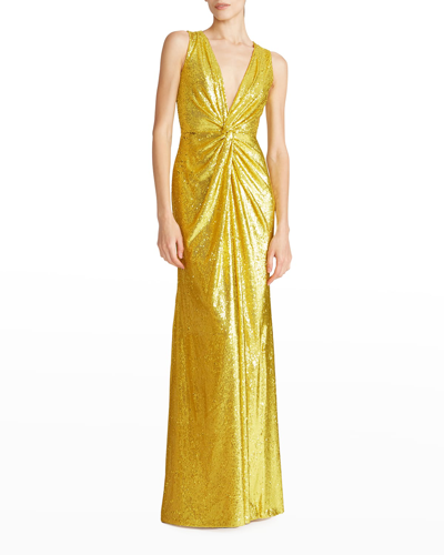 Halston Georgia Twist-front Sequin Gown In Citron