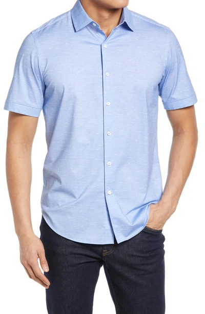 Bugatchi Tech Slub Knit Short Sleeve Stretch Cotton Button-up Shirt In Sky