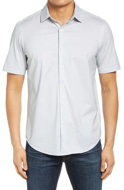 Bugatchi Tech Slub Knit Short Sleeve Stretch Cotton Button-up Shirt In Platinum