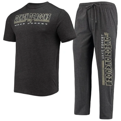 Concepts Sport Men's  Heathered Charcoal, Black Wake Forest Demon Deacons Meter T-shirt And Pants Sle In Heathered Charcoal,black