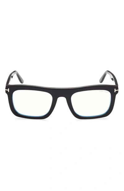 Tom Ford 52mm Blue Filter Rectangular Glasses In Shiny Black