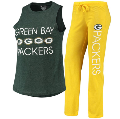 Concepts Sport Women's  Gold, Green Green Bay Packers Muscle Tank Top And Pants Sleep Set In Gold,green