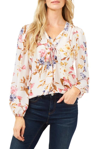 Cece Dolce Floral Print Tie Neck Blouse In Soft Ecru