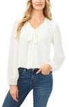 Cece Tie V-neck Long Sleeve Blouse In Soft Ecru