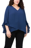 Vince Camuto Flutter Sleeve Crossover Georgette Tunic Top In Vintage Blue