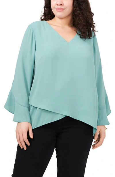 Vince Camuto Flutter Sleeve Crossover Georgette Tunic Top In Teal