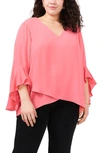 Vince Camuto Flutter Sleeve Crossover Georgette Tunic Top In Carmine Pink
