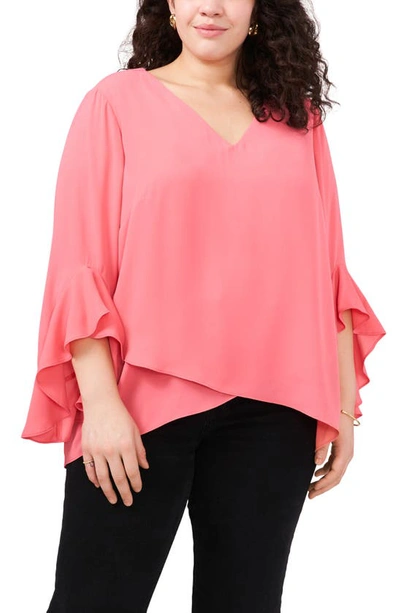 Vince Camuto Flutter Sleeve Crossover Georgette Tunic Top In Carmine Pink