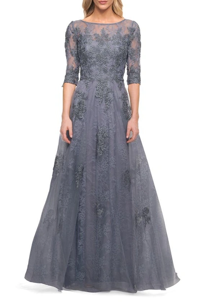La Femme Floral Lace & Tulle Gown In Slate