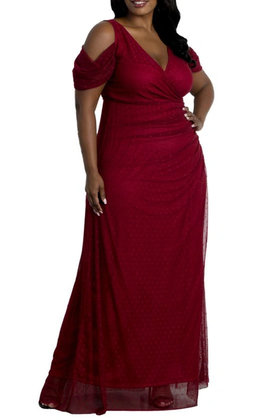 Kiyonna Plus Size Seraphina Mesh Cold-shoulder Gown In Pinot Noir