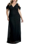 Kiyonna Plus Size Seraphina Mesh Cold-shoulder Gown In Onyx