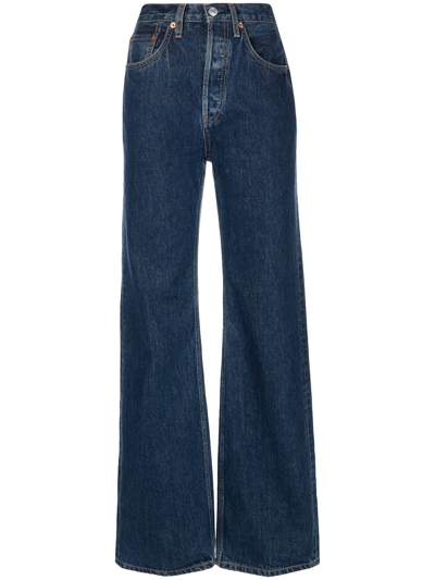 Re/done + Net Sustain 70s Ultra High Rise Wide Leg Frayed Jeans In Rustic Indigo