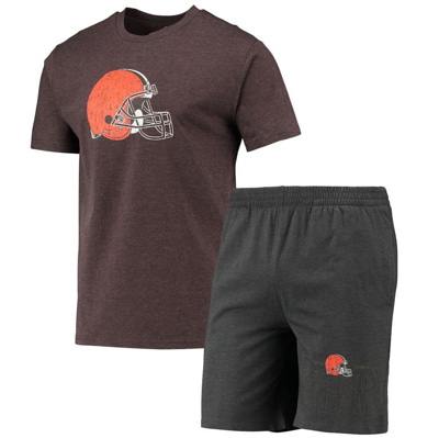 Concepts Sport Men's  Charcoal, Brown Cleveland Browns Meter T-shirt And Shorts Sleep Set In Charcoal,brown