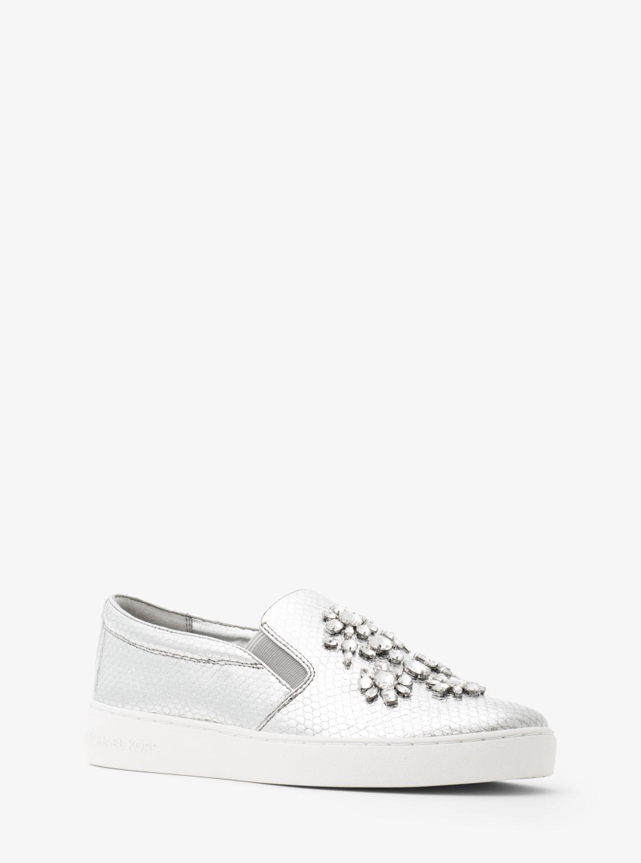 Michael Kors Keaton Embellished Metallic Leather Slip-on Sneaker In Silver  | ModeSens
