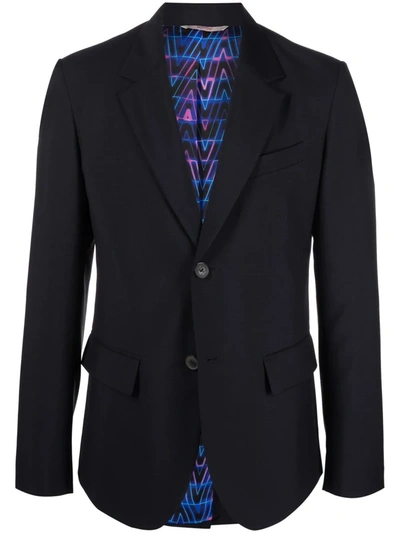 Valentino Blazer In Wool And Mohair Blend With Optical V Print Detail In Nero