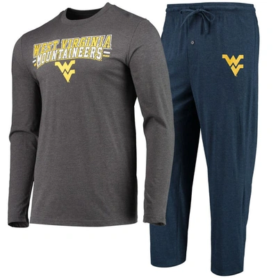 Concepts Sport Navy/heathered Charcoal West Virginia Mountaineers Meter Long Sleeve T-shirt & Pants In Navy,heathered Charcoal