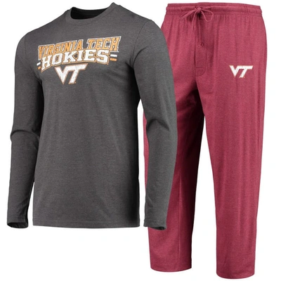 Concepts Sport Maroon/heathered Charcoal Virginia Tech Hokies Meter Long Sleeve T-shirt & Pants Slee In Maroon,heathered Charcoal