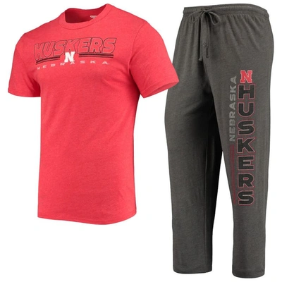 Concepts Sport Men's  Heathered Charcoal, Scarlet Nebraska Huskers Meter T-shirt And Pants Sleep Set In Heathered Charcoal,scarlet