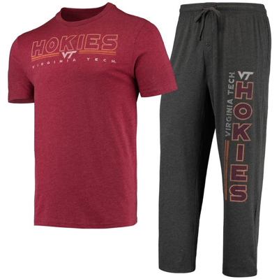 Concepts Sport Men's  Heathered Charcoal, Maroon Distressed Virginia Tech Hokies Meter T-shirt And Pa In Heathered Charcoal,maroon