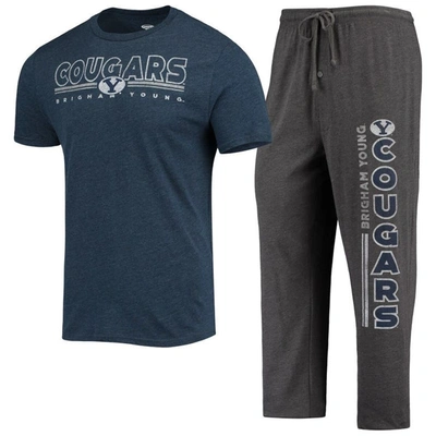 Concepts Sport Men's  Heathered Charcoal, Navy Byu Cougars Meter T-shirt And Pants Sleep Set In Heathered Charcoal,navy