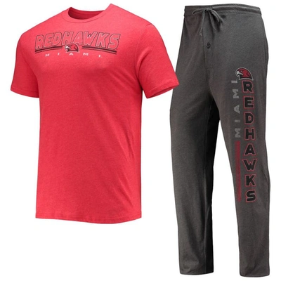 Concepts Sport Heathered Charcoal/red Miami University Redhawks Meter T-shirt & Pants Sleep Set In Heather Charcoal