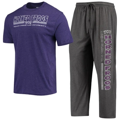 Concepts Sport Men's  Heathered Charcoal, Purple Tcu Horned Frogs Meter T-shirt And Trousers Sleep Set In Heathered Charcoal,purple