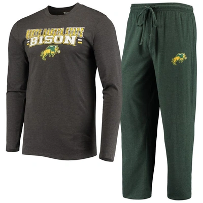 Concepts Sport Men's  Green And Heathered Charcoal Ndsu Bison Meter Long Sleeve T-shirt And Pants Sle In Green,heathered Charcoal
