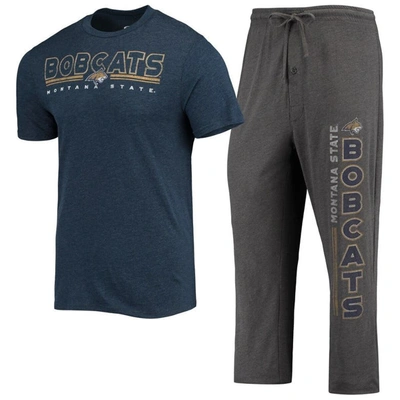 Concepts Sport Men's  Heathered Charcoal And Navy Montana State Bobcats Meter T-shirt And Pants Sleep In Heathered Charcoal,navy