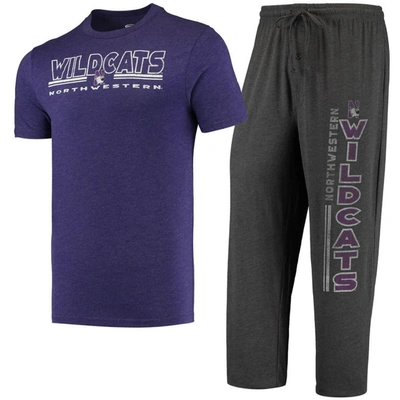 Concepts Sport Men's  Heathered Charcoal, Purple Kansas State Wildcats Meter T-shirt And Pants Sleep In Heathered Charcoal,purple