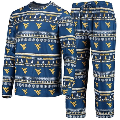 Concepts Sport Navy West Virginia Mountaineers Ugly Sweater Long Sleeve T-shirt And Pants Sleep Set