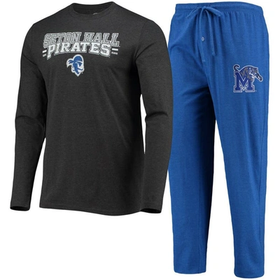 Concepts Sport Blue/heathered Charcoal Seton Hall Pirates Meter Long Sleeve T-shirt & Trousers Sleep Se In Blue,heathered Charcoal