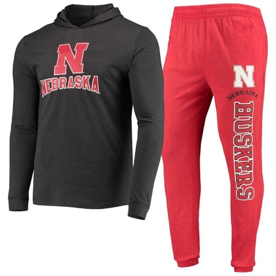 Concepts Sport Scarlet/heather Charcoal Nebraska Huskers Meter Long Sleeve Hoodie T-shirt & Jogger P In Scarlet,charcoal