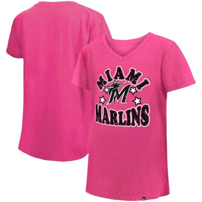 New Era Kids' Girls Youth  Pink Miami Marlins Jersey Stars V-neck T-shirt
