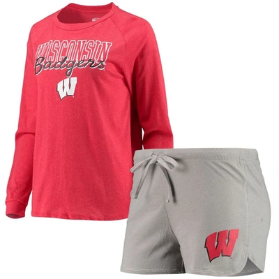 Concepts Sport Women's  Heathered Red, Gray Wisconsin Badgers Raglan Long Sleeve T-shirt And Shorts S In Heathered Red,gray