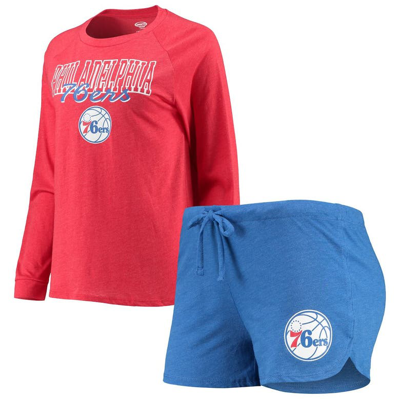 Concepts Sport Heathered Royal/heathered Red Philadelphia 76ers Raglan Long Sleeve T-shirt & Shorts In Heather Royal