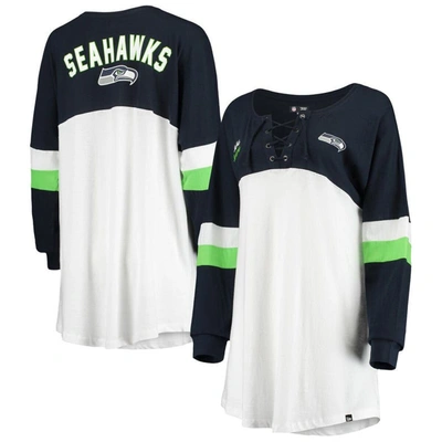 New Era Women's  White, College Navy Seattle Seahawks Athletic Varsity Lace-up V-neck Long Sleeve T-s In White,college Navy