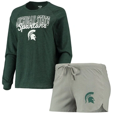 Concepts Sport Women's  Green, Gray Michigan State Spartans Raglan Long Sleeve T-shirt And Shorts Sle In Green,gray