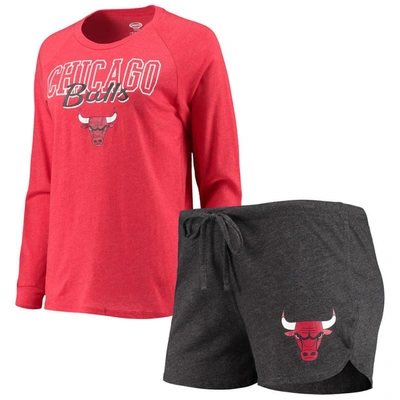 Concepts Sport Heathered Black/heathered Red Chicago Bulls Raglan Long Sleeve T-shirt & Shorts Sleep In Heathered Black,heathered Red
