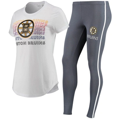 Concepts Sport Women's White, Charcoal Boston Bruins Sonata T-shirt And Leggings Set In White,charcoal