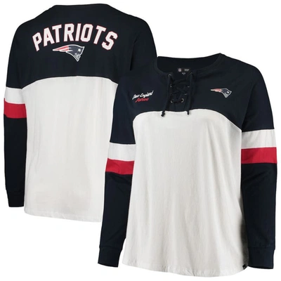 New Era White/navy New England Patriots Plus Size Athletic Varsity Lace-up V-neck Long Sleeve T-shir In White,navy