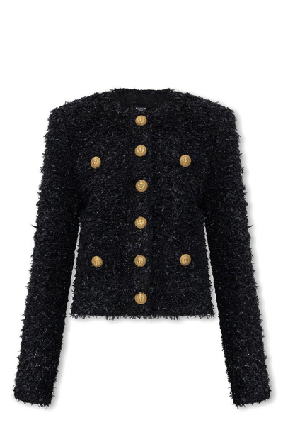 Balmain Collarless Four-pocket Tweed Jacket In Black