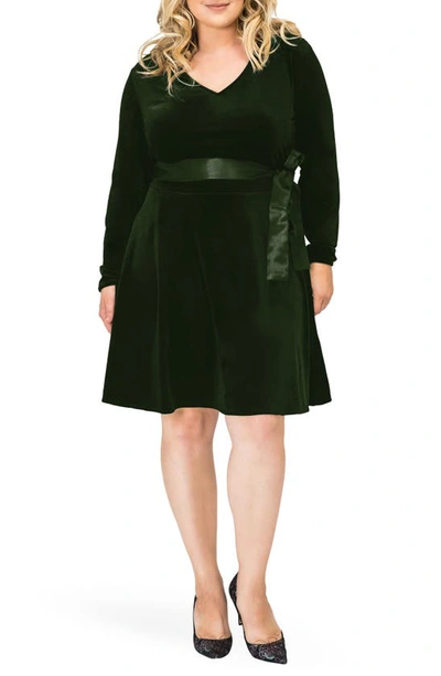 Standards & Practices Millie V-neck Stretch Velvet Fit & Flare Dress In Green