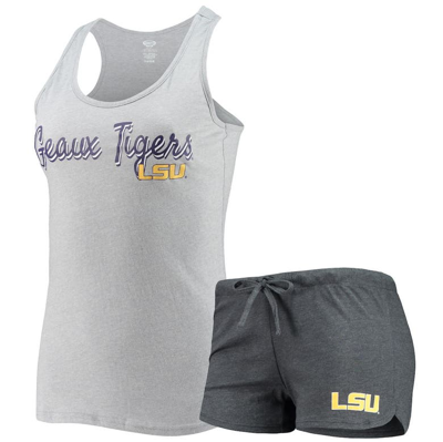 Concepts Sport Women's Heathered Gray, Charcoal Lsu Tigers Anchor Tank Top And Shorts Sleep Set In Heathered Gray,charcoal